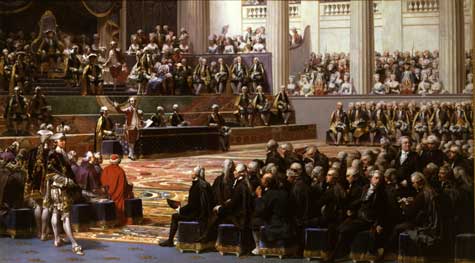 Historical depiction of the opening of the Estates-General in Versailles in 1789, marking the start of the French Revolution.